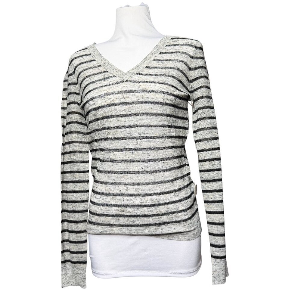 NWT Tart lightweight semisheer v neck sweater striped gray. black cream XS